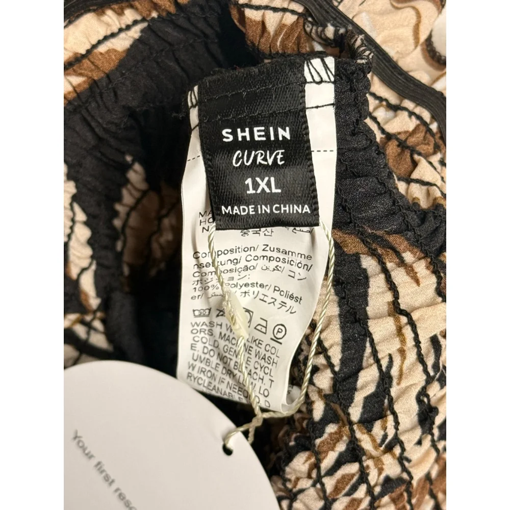Women's SHEIN Plus 1X Black Beige Leaf Print Bandeau Top NWT